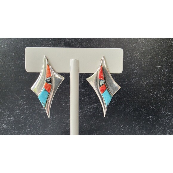 Vintage Southwestern Navajo Sterling Silver Inlaid Earrings  925 Sterling Silver Coral Turquoise Post Earrings Vintage TCA 1986 READ